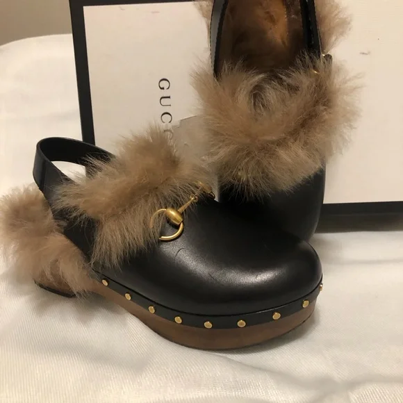 Gucci Black Mules with Brown Fur and Gold Detail - Picture 2 of 9